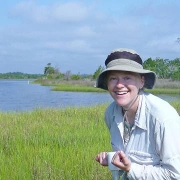 Student collecting samples in marsh